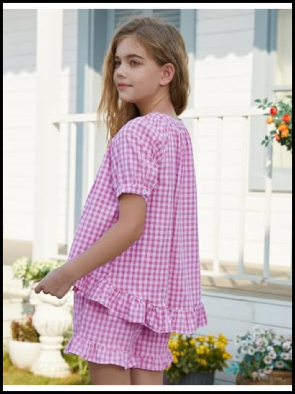 Girls Cotton Gingham 2 Piece Set Puff Sleeve Top Ruffle Shorts - Picture 2 of 6